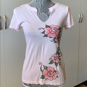 blue tattoo pink flower shirt low cut top sz large